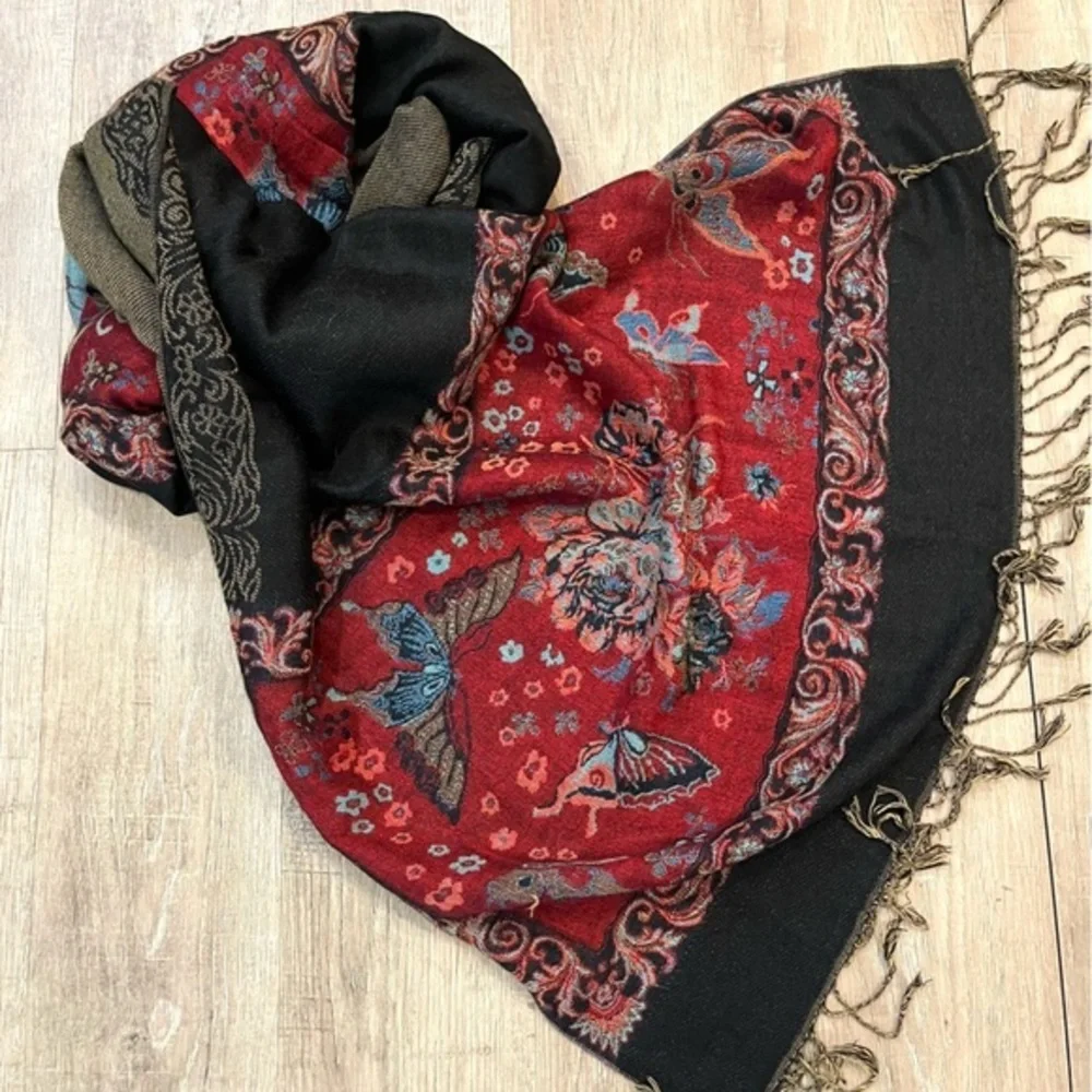 Pashmina, Red, Blue and Olive Colorblock Scarf Butterfly Pattern